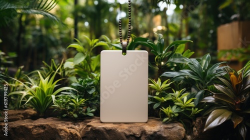 Blank empty mockup of tag label on green plants background for branding generative ai