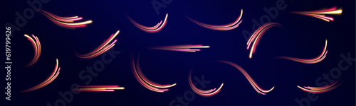 Green, red, pink and blue light or fire of rocket, comet, magic weapon rays isolated on transparent background. light road in the form of a swirl, neon color. Speed line with sports cars. 