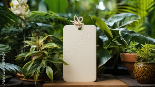 Blank empty mockup of tag label on green plants background for branding generative ai