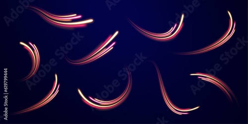 Green, red, pink and blue light or fire of rocket, comet, magic weapon rays isolated on transparent background. light road in the form of a swirl, neon color. Speed line with sports cars. 