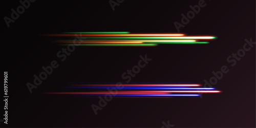  Light arc in neon colors, in the form of a turn and a zigzag. Fire comet flying. Vector comet with large dust. Falling Star. Glow light effect. Vector illustration isolated. 