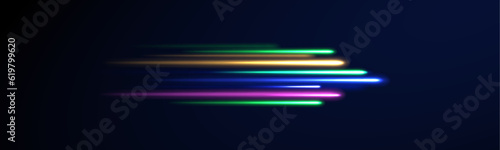 Green, red, pink and blue light or fire of rocket, comet, magic weapon rays isolated on transparent background. light road in the form of a swirl, neon color. Speed line with sports cars. 