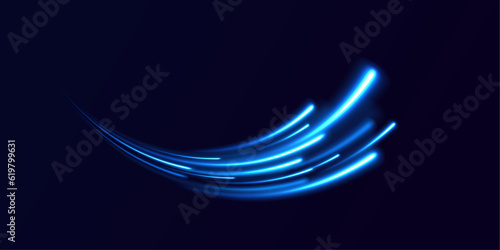 Blue glowing shiny lines effect comet vector background. Light everyday glowing effect. semicircular wave, light trail curve swirl, optical.