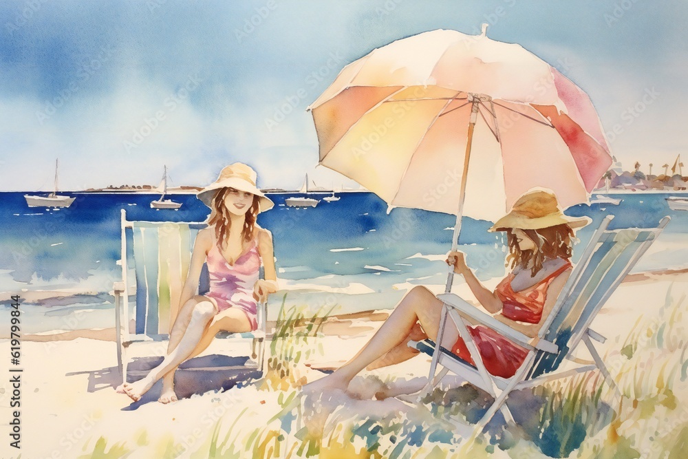 Summer watercolor beach. tropical vacation paradise artwork Generative AI 