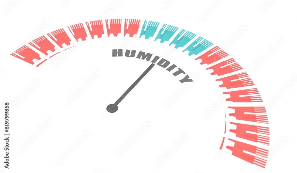 Humidity level on measure scale. Hygrometer mechanic round scale with arrow. Colorful infographic gauge element. 3D render - obrazy, fototapety, plakaty 