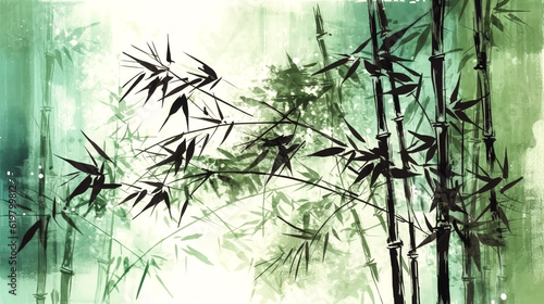 Illustration of watercolor silhouette bamboo, generative AI. © puhimec