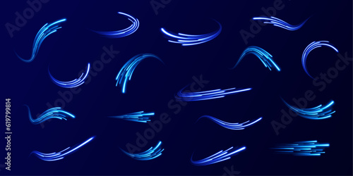 Green, red, pink and blue light or fire of rocket, comet, magic weapon rays isolated on transparent background, Realistic 3d vector set. Abstract fire flare trace lens flares. 