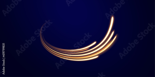 Vortex streams of neon light. Lines in the shape of a comet against a dark background. Magic of moving fast lines. Laser beams, horizontal light rays. Vector.	