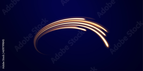 Vortex streams of neon light. Lines in the shape of a comet against a dark background. Magic of moving fast lines. Laser beams, horizontal light rays. Vector.	