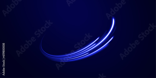Vortex streams of neon light. Lines in the shape of a comet against a dark background. Magic of moving fast lines. Laser beams, horizontal light rays. Vector.	
