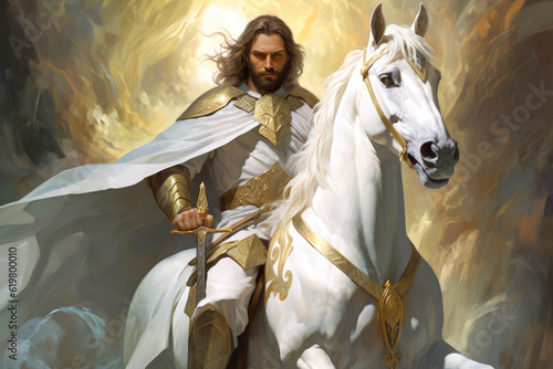 Jesus Christ with the name of Michael sitting on a white horse Victory over the forces of evil Generative AI Illustration
