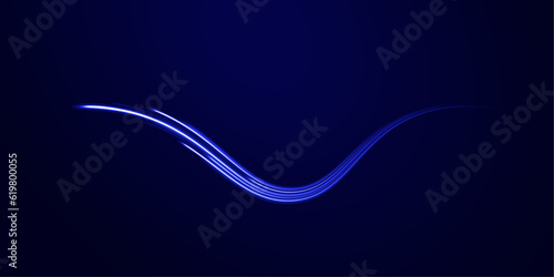 Lines in the shape of a comet against a dark background. Illustration of high speed concept. Curved light trail stretched upward. Vector Illustration.