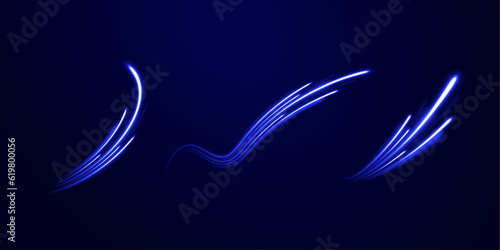 Purple glowing wave swirl. Light and stripes moving fast over dark background. Neon color glowing lines background, high-speed light trails effect. 