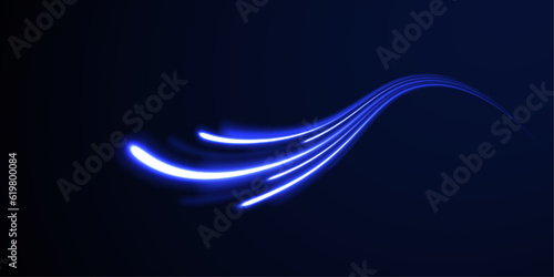 Vortex streams of neon light. Lines in the shape of a comet against a dark background. Magic of moving fast lines. Laser beams, horizontal light rays. Vector.	