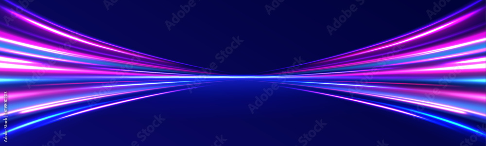 Fototapeta premium Car motion trails. Speed line motion vector background. Dynamic blue neon sport texture. Abstract neon background with shining wires.