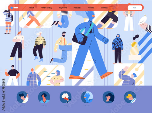 Artificial intelligence, AI and humanity -modern flat vector concept illustration of AI character walking among people in everyday life. Metaphor of AI advantage, benefit, friendliness concept