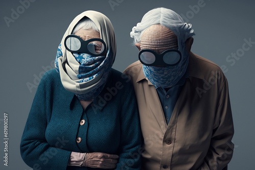 Elderly couple with obscured faces covered while participating in a game of chess, Generative AI
