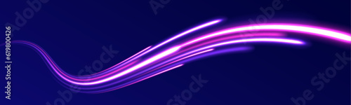 Night starry sky. Meteor shower, abstract space background. Neon Color Blurred Motion On Speedway.  Abstract light lines of movement and speed with purple color sparkles. 