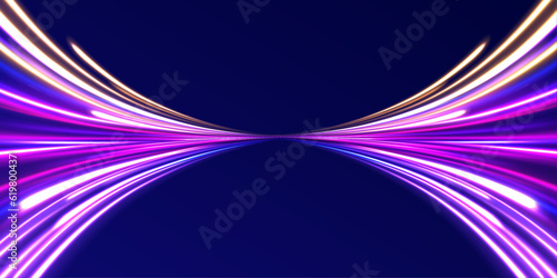 Car motion trails. Speed line motion vector background. Dynamic blue neon sport texture. Abstract neon background with shining wires. 