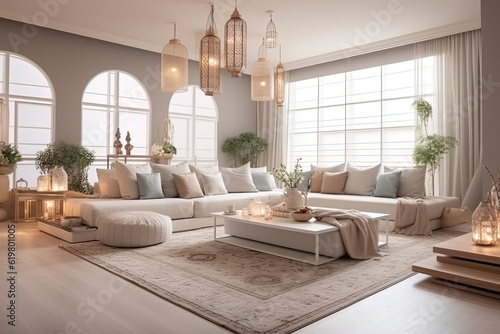 Beautiful living room with perfect lighting and amazing colors. Generative AI.