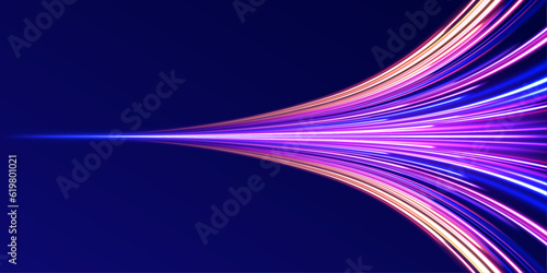 Fast speed car. Long yellow and red way effect. City light trails motion background. Illustration of high speed concept. Curved light trail stretched upward.