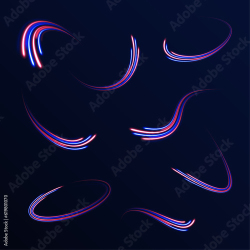 High speed effect motion blur night lights blue and red. Futuristic neon light line trails. 