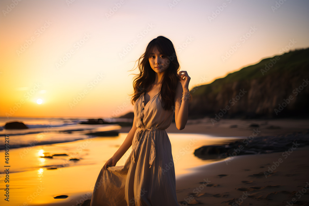 Serene Beach Sunset: Pretty Asian Girl at Golden Hour by the Ocean. Generative AI