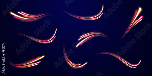 Creative vector illustration of flying cosmic meteor, planetoid, comet, fireball isolated on transparent background. Light everyday glowing effect. semicircular wave, light trail curve swirl, optical.