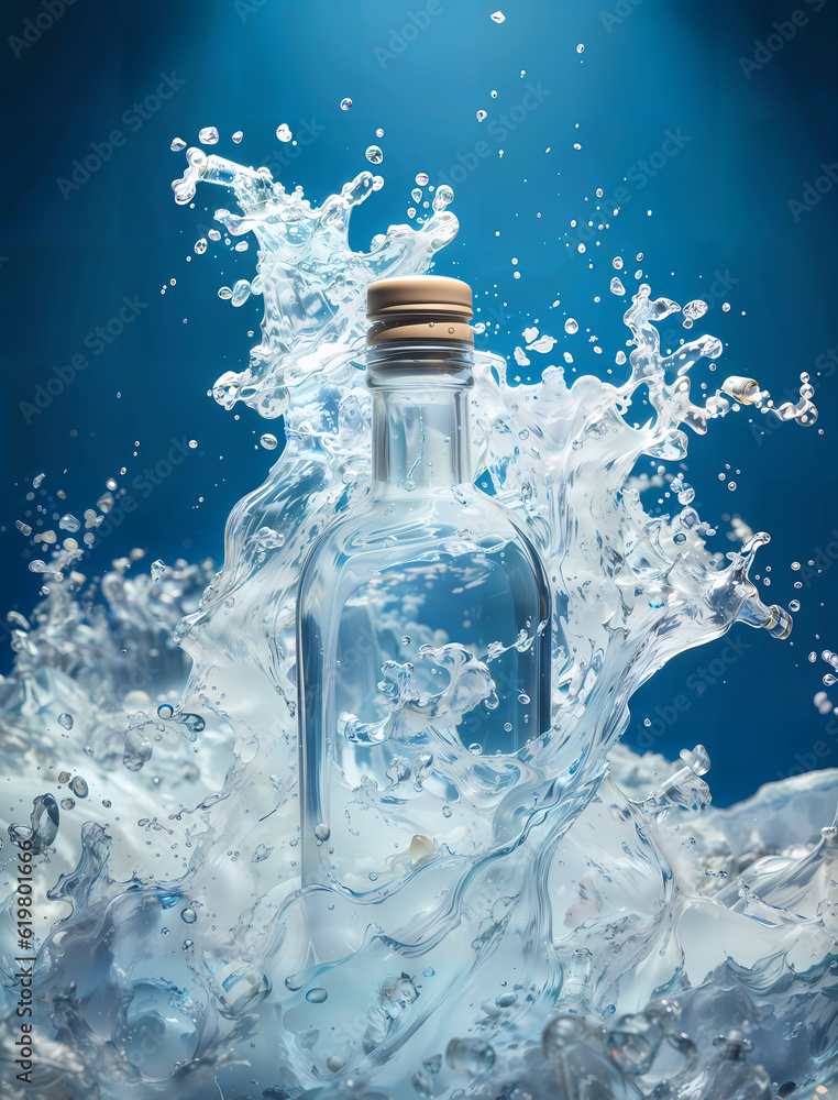 in the style of hyper-realistic water splash with bottle, Created with generative Ai technology. in the style of hyper-realistic water splash with bottle, Created with generative Ai technology.