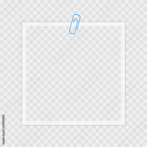 Photo frame with paper clip, fastener, staple. Template, blank for photo. Vector illustration