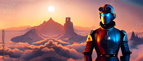 futuristic knight in cyborg armour, steampunk robot, sci-fi suit, warm sunset, painting with vibrant colors, dreamy and calm scenerey, fantasy concept photo