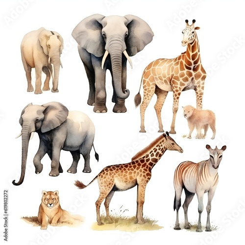 Vintage watercolor African Animals clip art set on white background Generative AI 