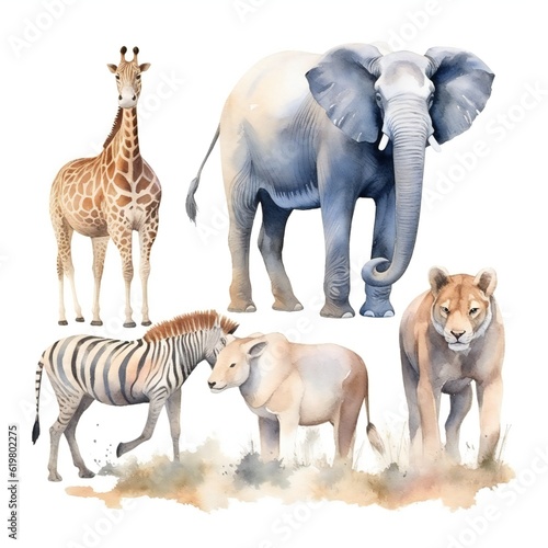 Vintage watercolor African Animals clip art set on white background Generative AI  © LayerAce.com