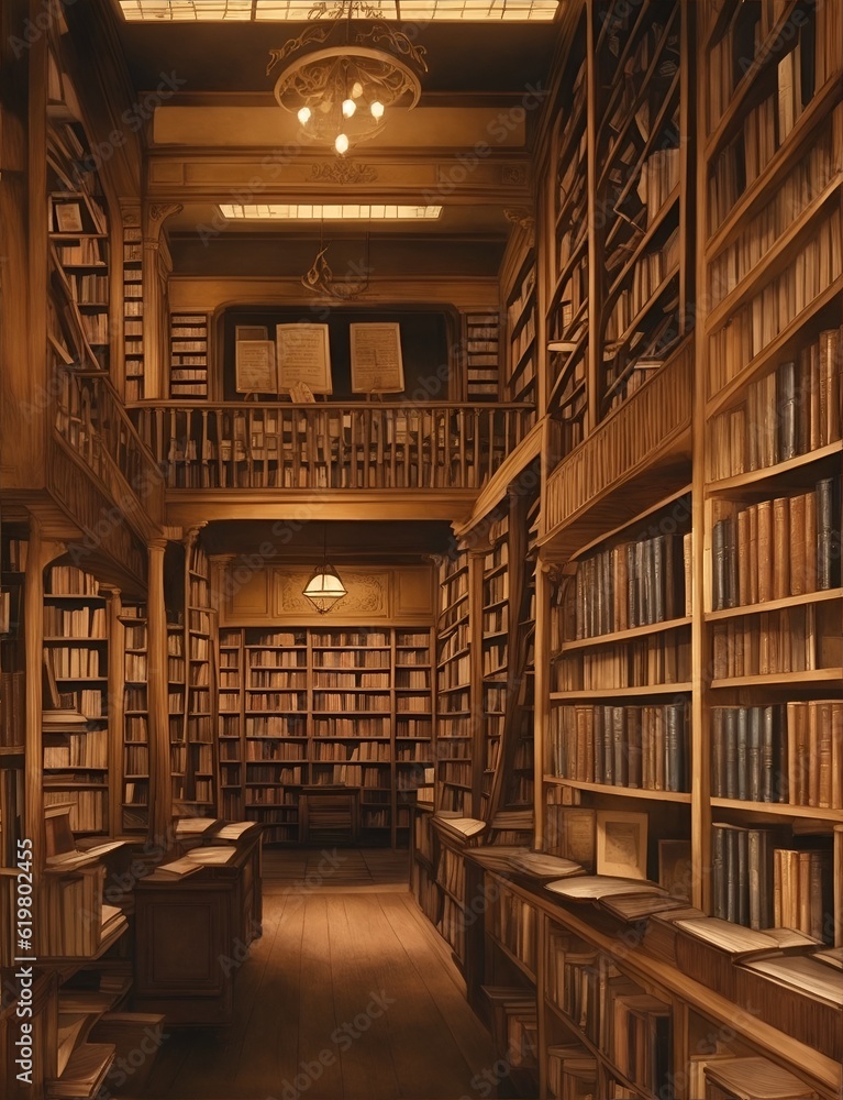 Bookcase with old books in the interior. Bookstore, library, bookshelves in a dark room with a window. 3D illustration.