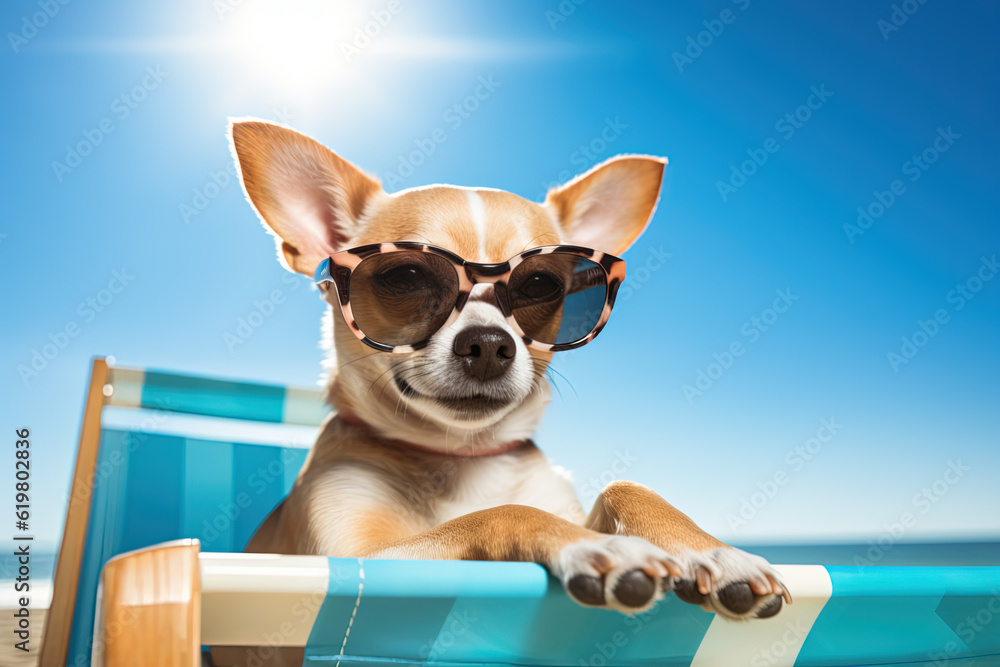 Happy chihuahua dog at the beach. Summer vacation. Generative AI.