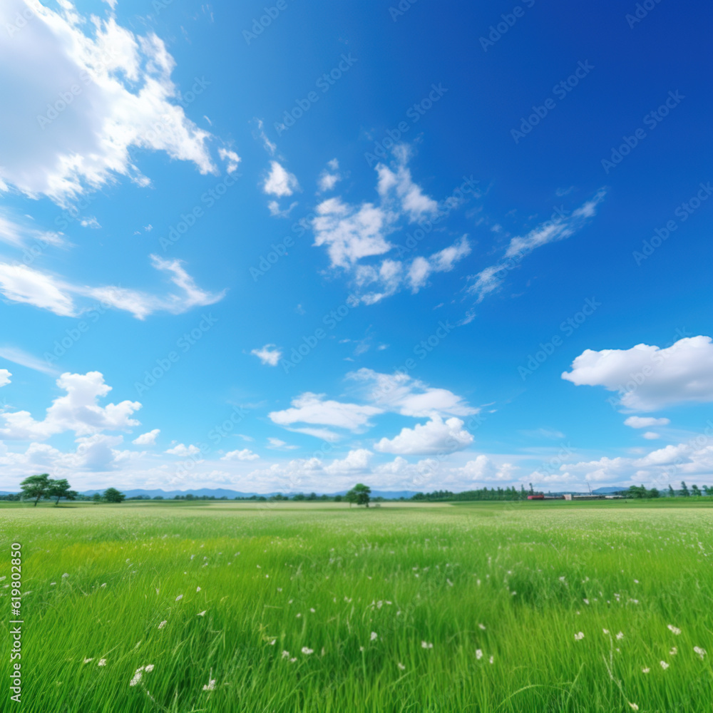 Midsummer landscape with blue skies, fluffy clouds and green grass. Generative AI. Midsummer landscape with blue skies, fluffy clouds and green grass. Generative AI.