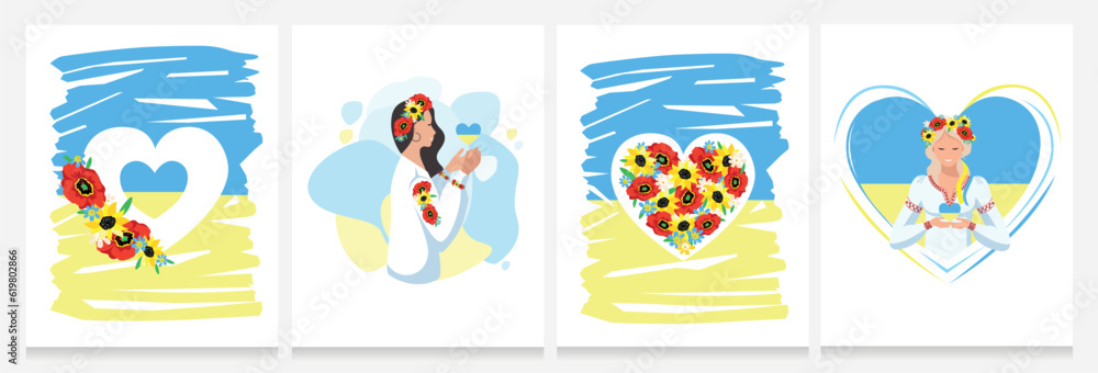 Vector set of their beautiful Ukrainian women in national clothes and a wreath of flowers holds the Ukrainian flag in the shape of a heart in her hand. Vyshyvanka. I love Ukraine. Support Ukraine.