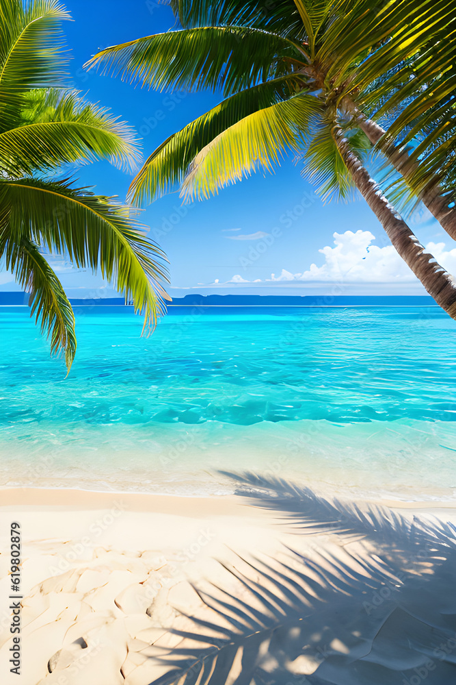 Summer tropical concept, tropical paradise with palm leaves. Summer seascape with clear water on a sunny day.