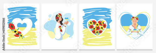 Vector set of their beautiful Ukrainian women in national clothes and a wreath of flowers holds the Ukrainian flag in the shape of a heart in her hand. Vyshyvanka. I love Ukraine. Support Ukraine.