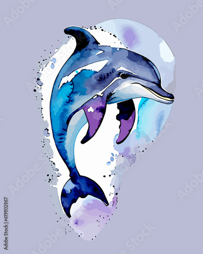 Watercolor dolphin on a white background. Beautiful colorful dolphin. Inhabitant in the waters of the oceans. Dolphin watercolor. For postcard, book, poster, banner. Vector illustration
