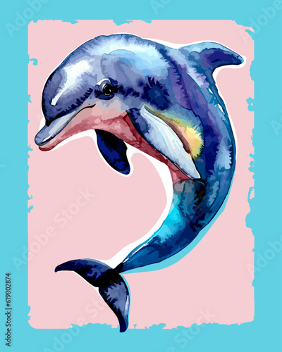 Watercolor dolphin on a white background. Beautiful colorful dolphin. Inhabitant in the waters of the oceans. Dolphin watercolor. For postcard, book, poster, banner. Vector illustration