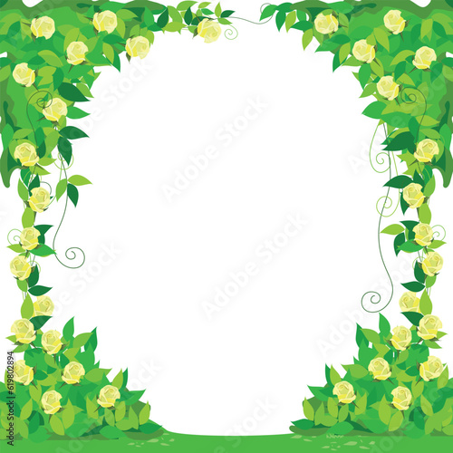 Yellow weaving rose in a fairy tale garden. Vector illustration of a fairy tale frame with copy space for text. Cartoon style.