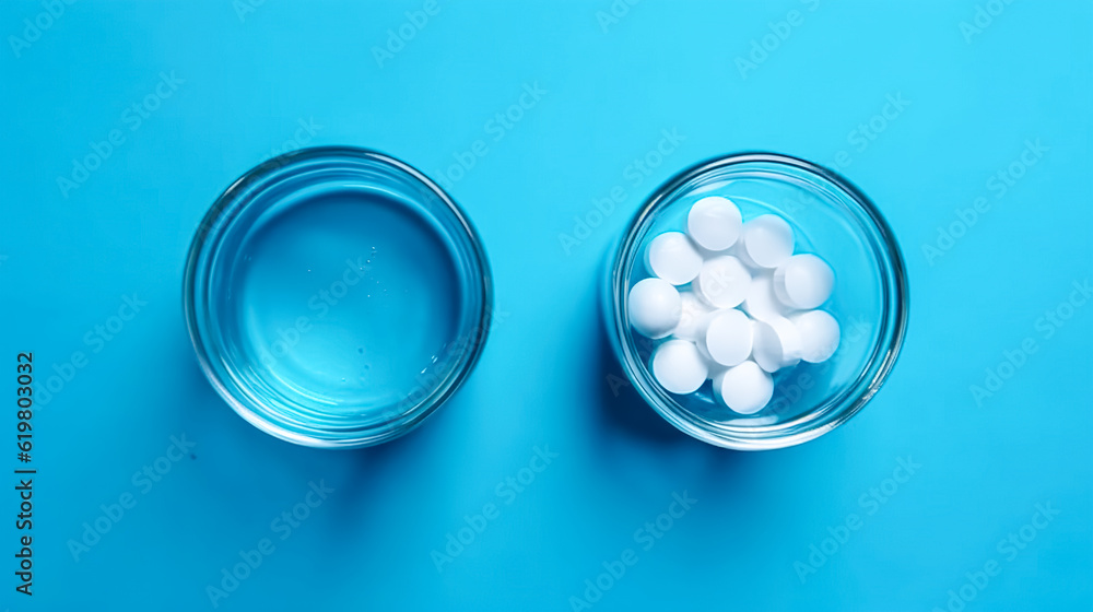 Pills and a glass of water on a blue background, generative AI. Pills and a glass of water on a blue background, generative AI.