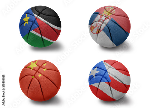 basketball balls with the national flags of china south sudan puerto rico serbia on the white background. Group b