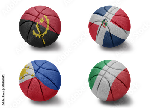 basketball balls with the national flags of angola dominican republic philippines italy on the white background. Group a