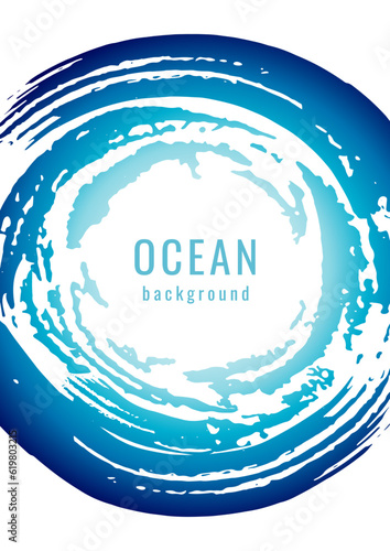 Ocean background. Abstract poster. Blue swirl circle, water splash. Round frame or banner with space for text. Vector illustration for graphic design, summer poster or aqua poster.