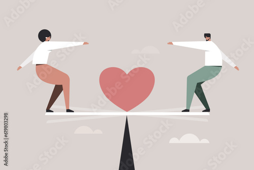 Conceptual illustration of a man and woman is getting balanced when love is placed in-between them