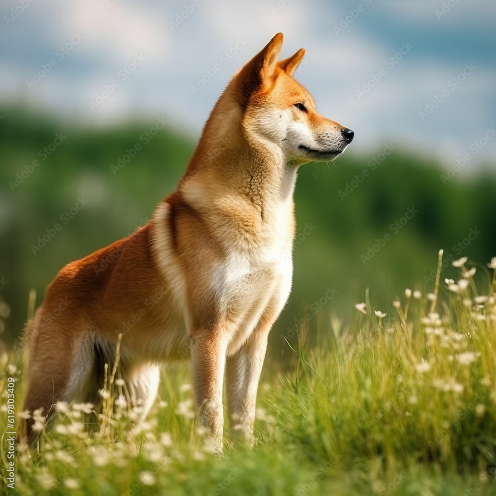 Shiba Inu standing on the green meadow in summer. Shiba Inu standing on the grass with a summer landscape in the background. AI generated illustration.