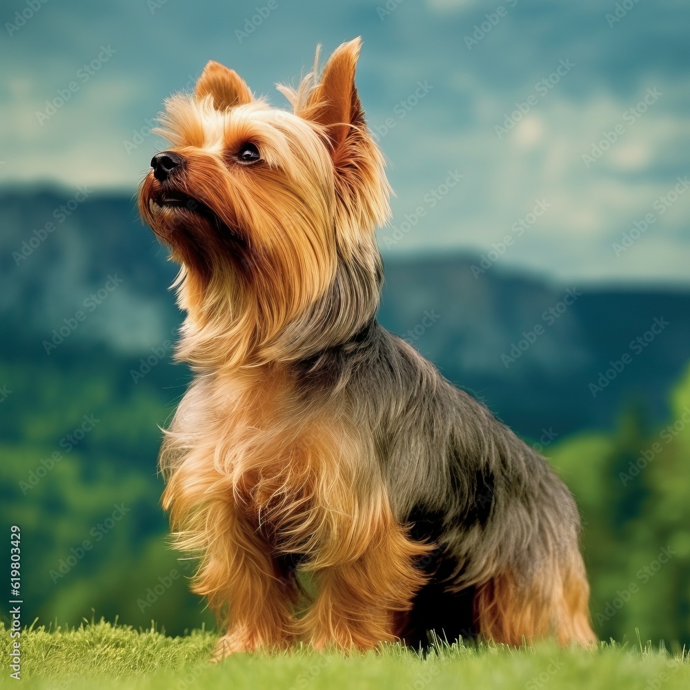Yorkshire Terrier standing on the green meadow in summer. Yourkshire Terrier dog standing on the grass with a summer landscape in the background. AI generated illustration.