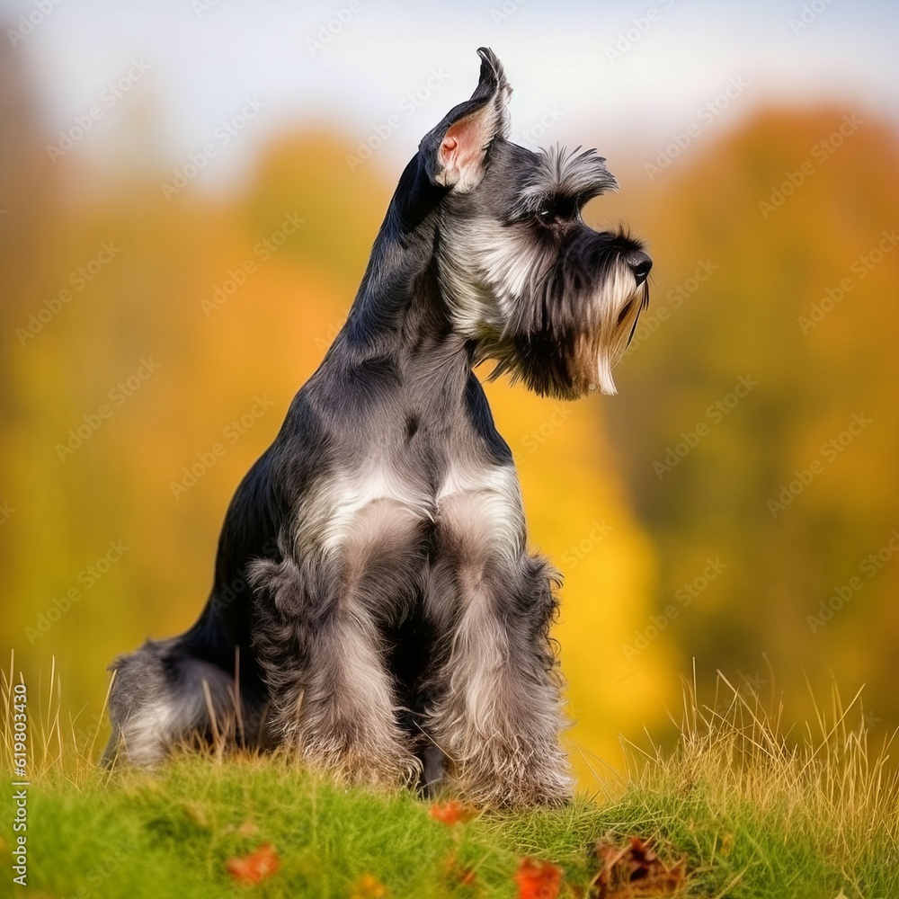 Miniature Schnauzer sitting on the green meadow in summer. Miniature Schnauzer dog sitting on the grass with a summer landscape in the background. AI generated illustration.